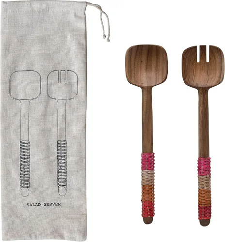 Creative Co-Op Servidores de ensalada de cocina de madera de teca de 12 pulgadas con asas envueltas de ratán y bolsa con cordón, multicolor, juego