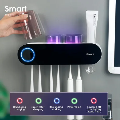 Miniatura 5 de iHave Soportes para cepillos de dientes eléctricos de pared con 3 vasos, esterilizador UV, dispensador de pasta dental, accesorios y decoración