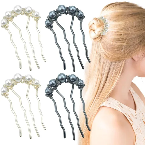 Miniatura 10 de Paquete de 4 horquillas para el cabello retorcidas de perlas, peines laterales en forma de U de perlas, palillos de pelo de 4 puntas, pinzas