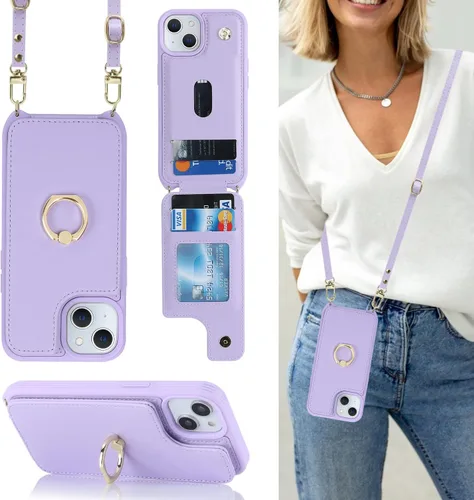 Miniatura 25 de Lipvina Funda para iPhone 14 Plus con tarjetero y correa para mujer, cordón cruzado, bloqueo RFID, soporte de anillo de soporte, cierre a presión