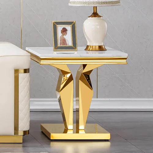 Miniatura 32 de Mesa de centro de mármol negro Henf de lujo, mesa auxiliar rectangular de mármol sintético de imitación con base de acero inoxidable dorado