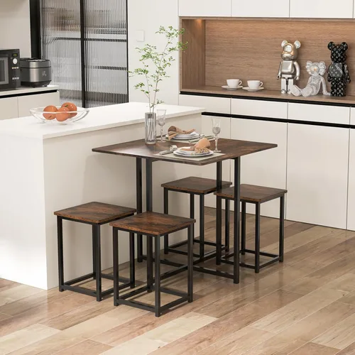 Miniatura 2 de Tangkula Juego de mesa de comedor compacto para 4, juego de mesa de cocina pequeña con taburetes cuadrados y marco de metal, perfecto para espacios