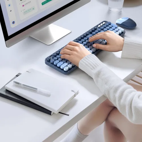 Miniatura 21 de KNOWSQT Combo de teclado y ratón inalámbrico, teclados lindos de tamaño completo estilo máquina de escribir 2.4G azul colorido - receptor USB Plug