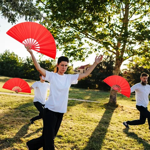 Miniatura 5 de Lawei Paquete de 8 ventiladores de mano plegables grandes, abanicos chinos de Kung Fu Tai Chi Chi, abanicos de tela de nailon rojo vintage