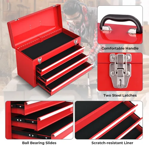 Miniatura 2 de Caja de herramientas portátil, caja de herramientas de 3 cajones con asa de transporte, 2 pestillos y forro de metal, caja de herramientas de metal