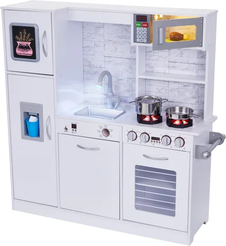 Miniatura 10 de Set de cocina de madera para niños Lil' Jumbl, cocina de juguete de simulación, heladera con batería, quemadores, grifo y microondas con sonido