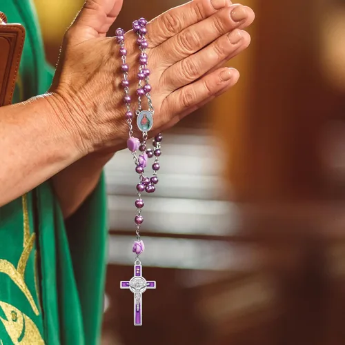 Miniatura 6 de Juego de 60 unidades de 30 piezas de rosario, cruz y centro de medalla, dijes de aleación, esmalte de religión, imagen de Jesús, Virgen