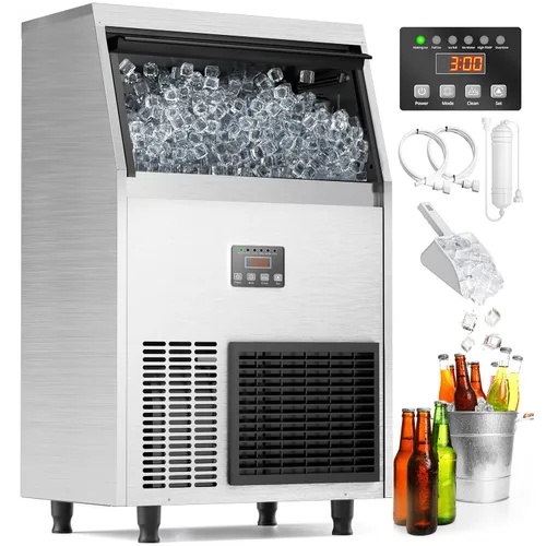Coolake Máquina comercial para hacer hielo de 200 libras/24 horas con contenedor de almacenamiento de 50 libras, máquina de hielo de acero