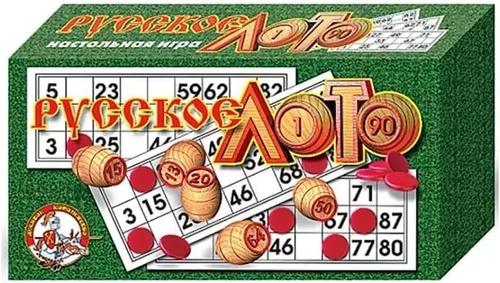 Eksmo Juegos de Loteria Rusos - Juegos de Bingo Rusos para la Familia - Kit de Tambola de Barriles de Madera, Tarjetas de Bingo, Fichas - Juego de