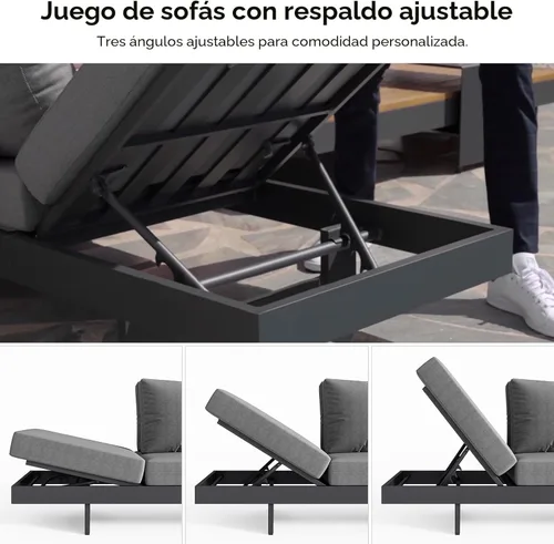 Miniatura 4 de homary Juego de 6 sofás seccionales de aluminio y teca para exteriores con respaldos ajustables, cojines impermeables, ideal para patios y balcones