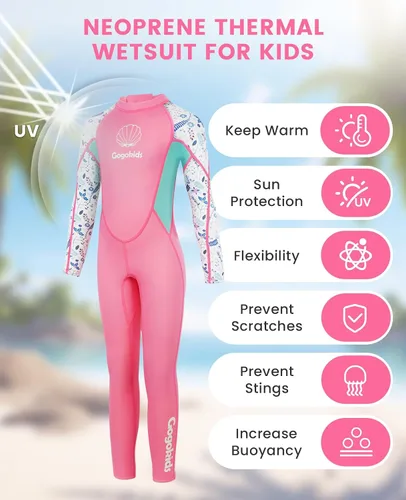 Miniatura 2 de Gogokids Traje de neopreno de manga larga de 0.098 pulgadas para niños y niñas, con protección UV 50+ y cremallera trasera, cálido traje completo