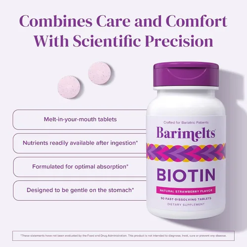 Miniatura 4 de Vitaminas BariMelts Biotin, sin azúcar, naturales, sabor fresa, en cápsulas masticables de absorción rápida, 90