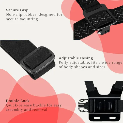 Miniatura 2 de MiPremium Arnés de pecho con soporte y correa para la cabeza para GoPro Hero 13 12 11 10 9 8 Max Go Pro Hero 7 6 5 3 4 Session Negro Plata Fusion