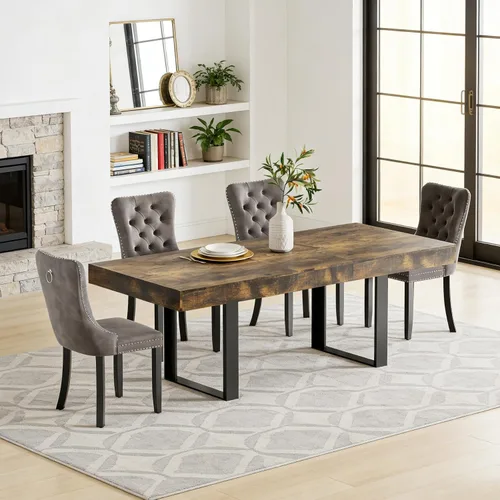 Miniatura 13 de Juego de mesa de comedor extensible de 5 piezas para 4, mesa de cocina de madera marrón de 63-78.7 pulgadas con 4 sillas acolchadas beige, juego