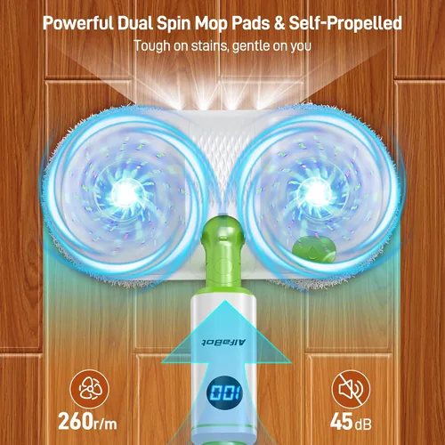 Miniatura 2 de AlfaBot Trapeador eléctrico inalámbrico, limpiador eléctrico de piso con faro LED y rociador de agua, hasta 60 minutos, autopropulsado con gran
