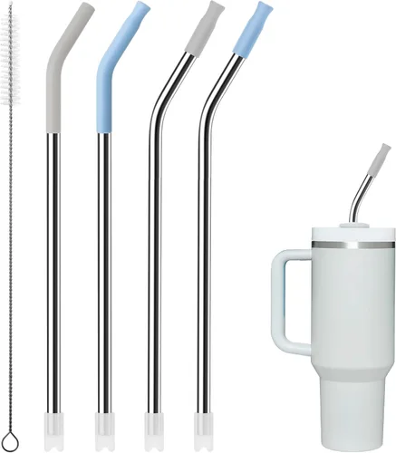 Miniatura 13 de 4 popotes reutilizables de metal para vaso de 40 onzas, popote largo de acero inoxidable con puntas de silicona coloridas, popote para vasos de Negro