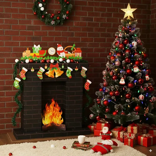 Miniatura 7 de AmazingSpark Chimenea de cartón corrugado de Navidad de 35.5 x 29 x 8 pulgadas, chimenea de cartón con media llama de fuego 3D, campana de pino