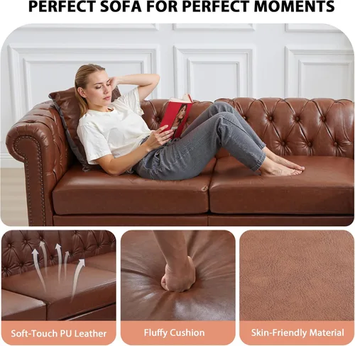 Miniatura 5 de LEVNARY Sofá seccional Chesterfield en forma de L de 108 pulgadas con otomana móvil, sofá de 4 asientos con brazos curvos, tapizado en piel