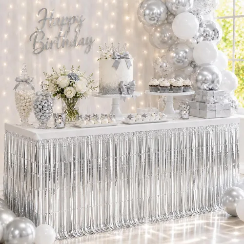 Miniatura 9 de Faldas de mesa de oropel de papel metálico con flecos para mesas rectangulares, cortinas de serpentina, telón de fondo para cumpleaños, boda