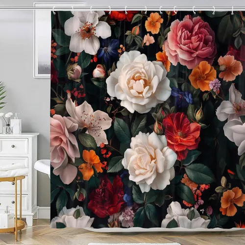 Miniatura 12 de Cortina de Ducha de Hojas Tropicales, Cortina de Baño Decorativa Verde y Negra con Hojas de Palmera y Plátano, Juegos de Cortinas de Ducha de Tela
