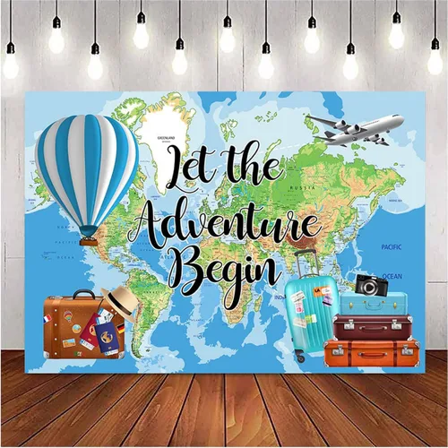 Miniatura 3 de Let The Adventure Begin - Fondo de fotografía de fondo de gira mundial, mapa, maleta de avión, decoraciones de fiesta de cumpleaños, globo