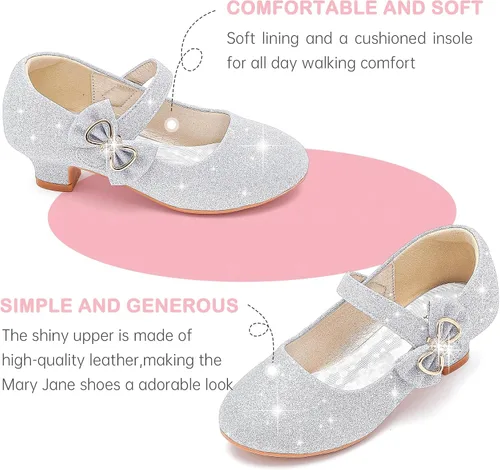 Miniatura 5 de Dufannie Zapatos de vestir para niñas, zapatos de tacón bajo de princesa, zapatos planos con purpurina para bodas y fiestas