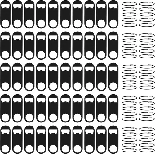 Miniatura 8 de Paquete de 100 abrebotellas planos de acero inoxidable con llavero de 3.5 pulgadas, mini abrebotellas de cerveza plano negro llavero para barman