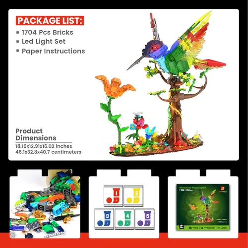 Miniatura 6 de JMBricklayer Conjunto de Construcción Mecánico de Colibrí con Luz LED, Conjuntos de Modelos de Aves para Adultos, Juguete de Colección de Animales