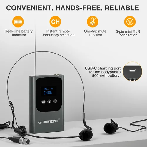 Miniatura 4 de Phenyx Pro Sistema de micrófono inalámbrico digital dual, mini receptor portátil, frecuencias UHF 2x15, 2 transmisores de bolsillo, micrófono