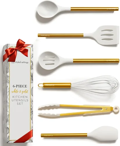 Juego de utensilios de cocina dorados – 6 piezas de silicona blanca y utensilios de cocina dorados con espátula, batidor, pinzas, cucharas, Blanco