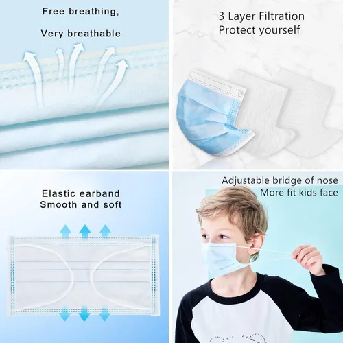 Miniatura 3 de Mascarillas faciales desechables para niños, paquete de 50 unidades, edades de 5 a 12 años, máscaras de seguridad de 3 capas con filtro para uso