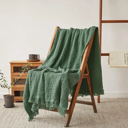 Miniatura 9 de Simple&Opulence Manta de muselina de algodón para cama, sofá, manta de gasa tejida de punto con borlas, suave, ligera, acogedora, prelavada