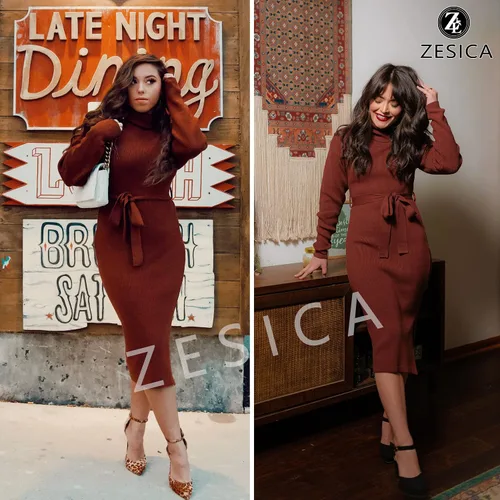 Miniatura 81 de ZESICA - Vestido por debajo de la rodilla de suéter, de cuello alto, para mujer, de manga larga, de punto acanalado, con abertura y cinturón