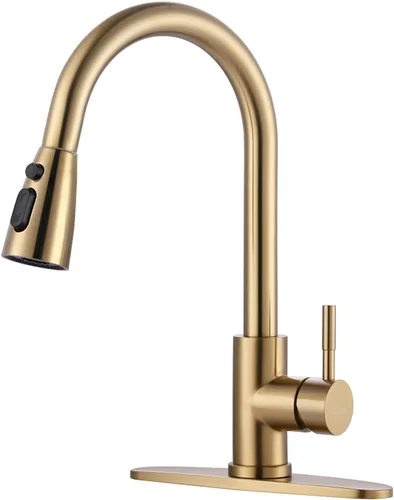 Miniatura 25 de WOWOW - Grifo de cocina cromado con rociador, grifo de fregadero de cocina extraíble de acero inoxidable con placa de cubierta, grifo de cocina