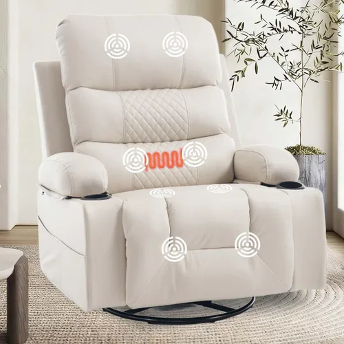KCQ Rocker - Silla reclinable con calor y masaje, silla reclinable manual de gran tamaño con soporte para tazas, silla mecedora giratoria de piel