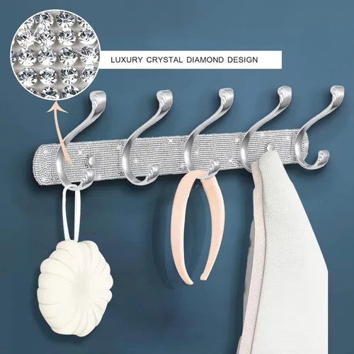 Miniatura 6 de BlackFish Soporte para Perchero de Montaje, Diamantes de Imitación Plateados Brillantes Montado en la Pared 5 Ganchos, Ganchos para Llaves