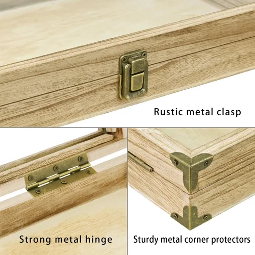 Miniatura 5 de MOOCA Caja de almacenamiento de accesorios de madera natural con esquinas de latón y cierre de metal, bandeja de joyería de madera