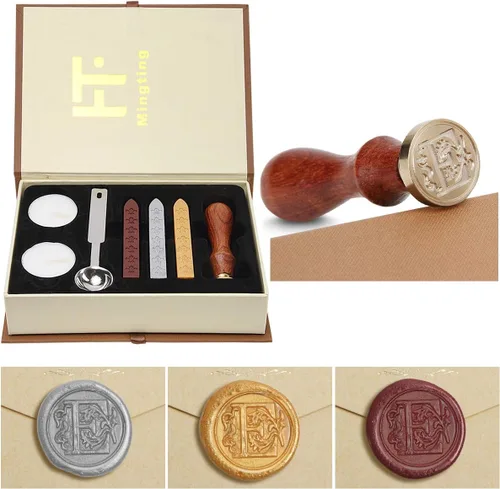 Miniatura 12 de Juego de sellos de cera, Juego clásico de sellos de cera antiguo estilo antiguo con letras iniciales del alfabeto, Caja de regalo con asa de madera