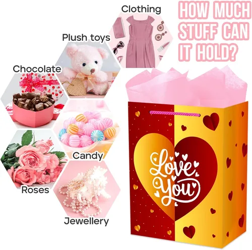 Miniatura 7 de JUESMOS Bolsa de regalo para el día de San Valentín de 13 pulgadas con papel de seda, bolsa de regalo para el día de San Valentín con asas, bolsa