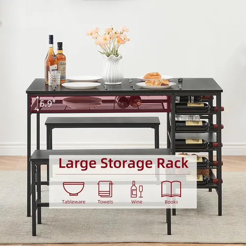 Miniatura 5 de IDEALHOUSE Juego de mesa de comedor para 4, juego de mesa de cocina para 4 con 2 bancos, juego de mesa de comedor rectangular con estante para Negro