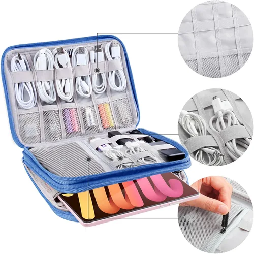 Miniatura 5 de Organizador de artículos electrónicos – Bolsa organizadora de cables de viaje, resistente al agua, doble capa para cable, iPhone, iPad Mini, regalo