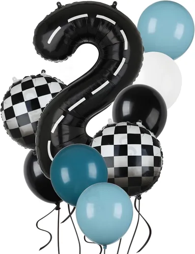 Miniatura 11 de Paquete de globos de auto de carreras azul y negro de 40 pulgadas, globo de números a cuadros 2 en blanco y negro, globos de látex para niños, dos