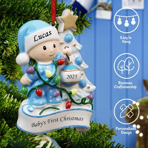 Miniatura 2 de Adornos Personalizados para la Primera Navidad del Bebé 2025 para Niños - Adornos de Bebé Adornos de Navidad Personalizados para Niños, Adornos Azul