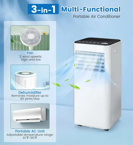 Miniatura 3 de KOTEK Aire acondicionado portátil para habitación de hasta 250 pies cuadrados, unidad de CA 3 en 1 de 8000 BTU para dormitorio con deshumidificador