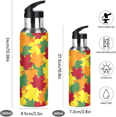 Miniatura 2 de Insulated Stainless Steel Water Bottle with Straw 20 Oz, BPA-Free Sports Water Bottle with Straw for Gym Outdoor Travel School, Autumn Maple Leaves
