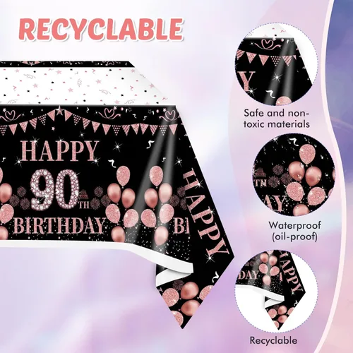 Miniatura 3 de 41 piezas de decoraciones de 90 cumpleaños para mujeres, platos y servilletas de 90 cumpleaños en negro y oro rosa, juego de vajilla de feliz