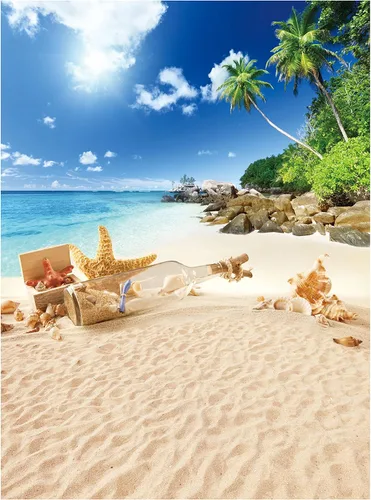 Miniatura 7 de Allenjoy Telón de fondo de playa tropical de verano, isla de Hawaii, palmeras de palmeras para fotos de fiesta temática Sea Luau de 5 x 7 pies