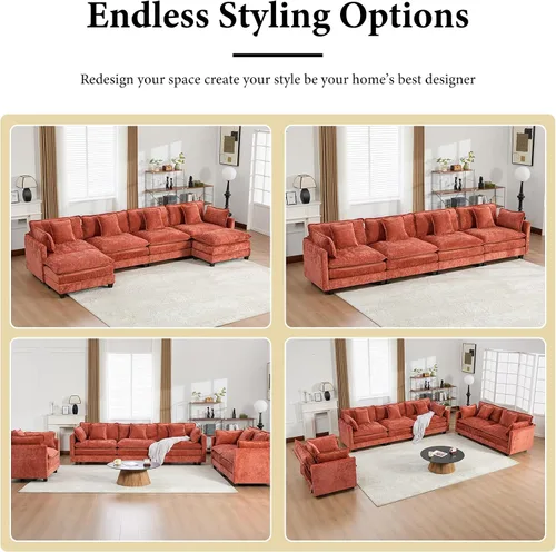 Miniatura 8 de Sofá modular naranja de 111.5 pulgadas, sofás seccionales grandes de 3 plazas para sala de estar, sofá nube de tela de felpilla de gran