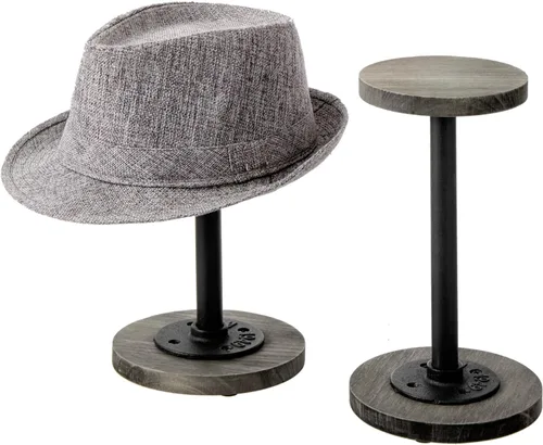 Miniatura 9 de MyGift 2 soportes para sombreros, perchero para sombreros de vaquero, organizador de gorra de béisbol con tubo de metal industrial, peluca o Madera