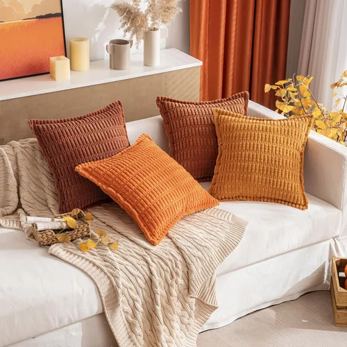 Miniatura 8 de MIULEE - Juego de 2 fundas de almohada decorativas de terciopelo de pana, naranja quemado, para otoño, suaves, a rayas, con borde ancho, decoración